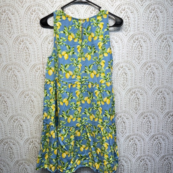 LOFT Lemon Print Tiered Dress Womens Small Blue Yellow Summer Rayon Linen Blend - Picture 2 of 6
